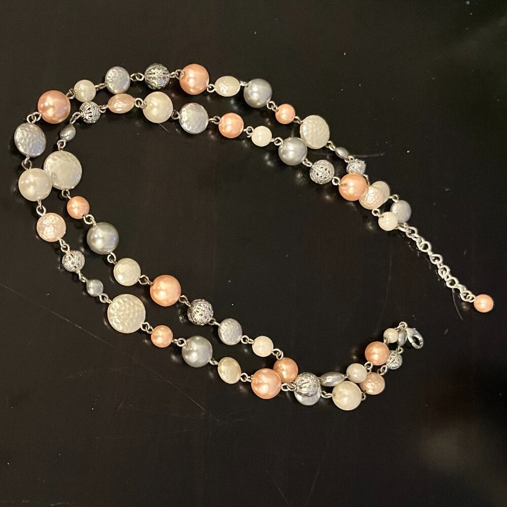 Silver-Tone Double-Strand Necklace with Blush, Pearl & Gray Beads - Picture 4 of 4